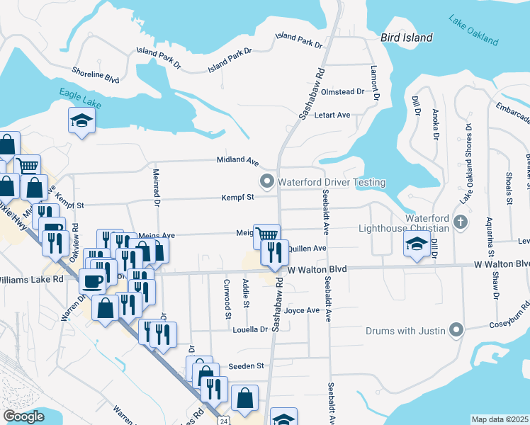map of restaurants, bars, coffee shops, grocery stores, and more near 4393 Kempf Street in Waterford Township