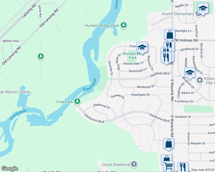 map of restaurants, bars, coffee shops, grocery stores, and more near 3812 Seaway Drive in Lansing