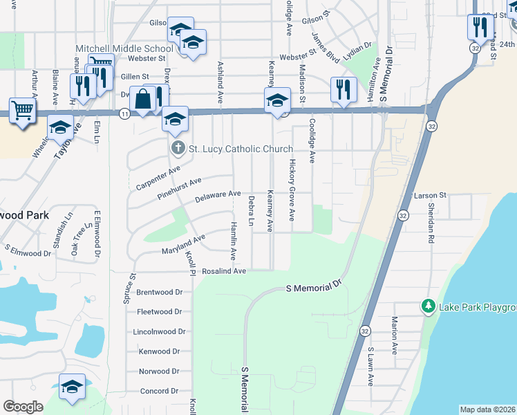 map of restaurants, bars, coffee shops, grocery stores, and more near 3209 Debra Lane in Racine