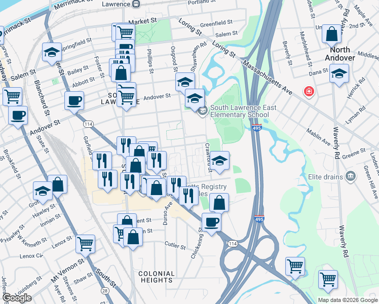 map of restaurants, bars, coffee shops, grocery stores, and more near 172 Osgood Street in Lawrence