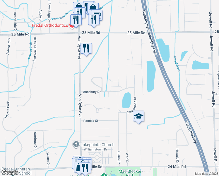 map of restaurants, bars, coffee shops, grocery stores, and more near 54246 East Annsbury Circle in Shelby Charter Township