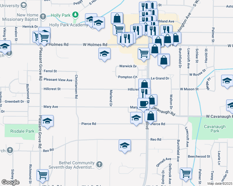 map of restaurants, bars, coffee shops, grocery stores, and more near 1408 Hillcrest Street in Lansing