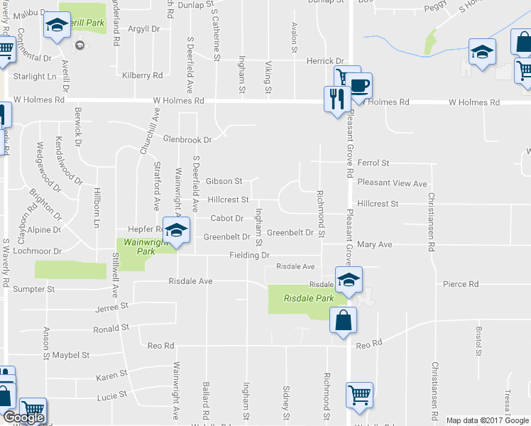 map of restaurants, bars, coffee shops, grocery stores, and more near 2709 Hillcrest Street in Lansing