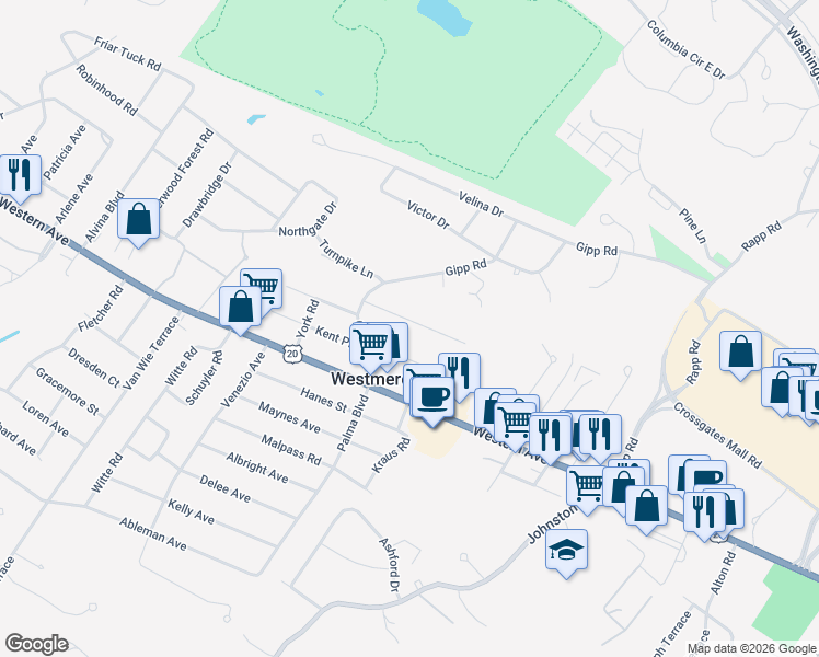 map of restaurants, bars, coffee shops, grocery stores, and more near 6 Willow Street in Guilderland
