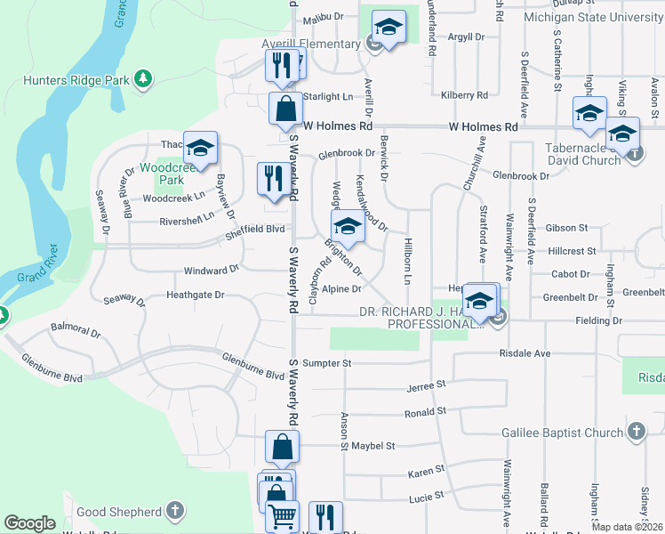 map of restaurants, bars, coffee shops, grocery stores, and more near 3900 Clayborn Road in Lansing
