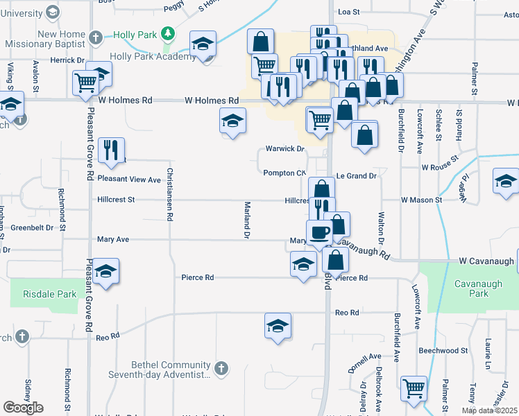 map of restaurants, bars, coffee shops, grocery stores, and more near 1408 Hillcrest Street in Lansing
