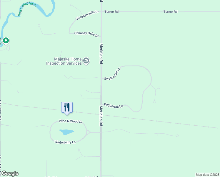 map of restaurants, bars, coffee shops, grocery stores, and more near 3720 Meridian Road in Okemos