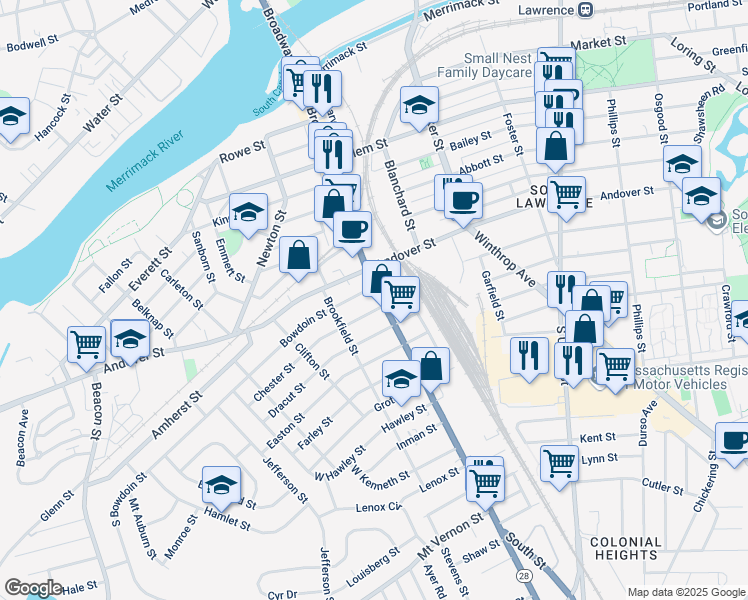 map of restaurants, bars, coffee shops, grocery stores, and more near 243 South Broadway in Lawrence