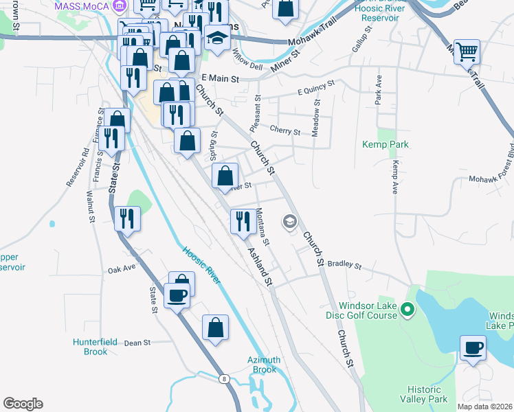 map of restaurants, bars, coffee shops, grocery stores, and more near 39 Montana Street in North Adams