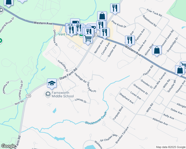 map of restaurants, bars, coffee shops, grocery stores, and more near 105 Beverwyck Drive in Guilderland