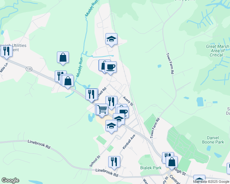 map of restaurants, bars, coffee shops, grocery stores, and more near 45 Avery Street in Ipswich