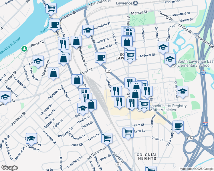 map of restaurants, bars, coffee shops, grocery stores, and more near 25 Garfield Street in Lawrence