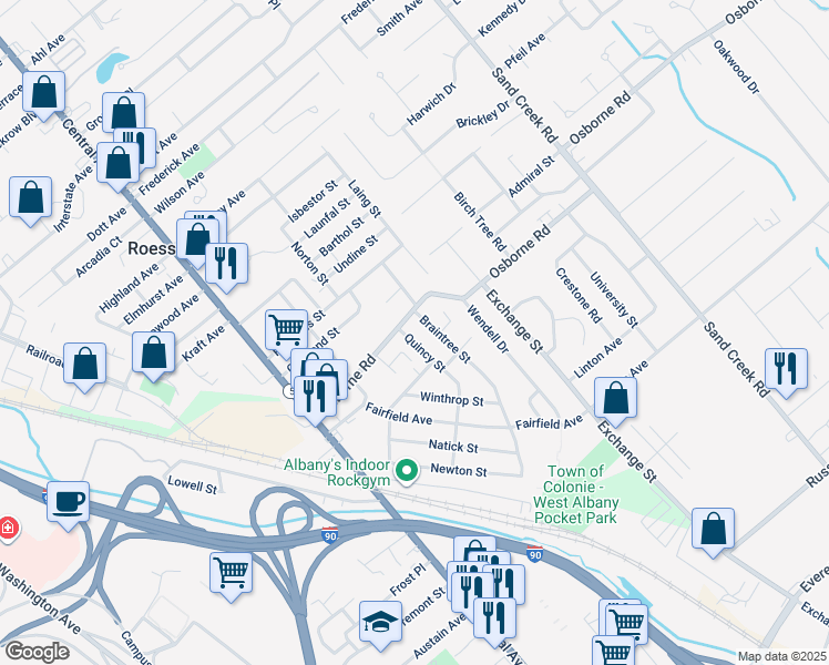 map of restaurants, bars, coffee shops, grocery stores, and more near 45 Osborne Road in Albany