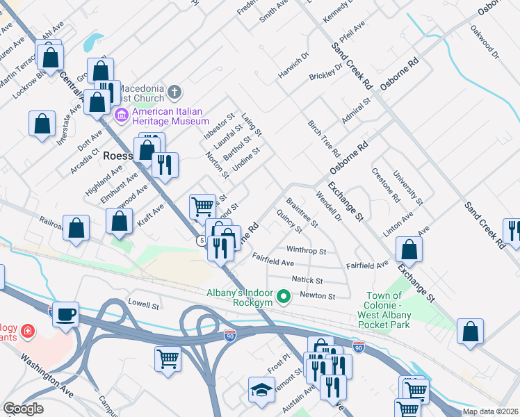 map of restaurants, bars, coffee shops, grocery stores, and more near 45 Osborne Road in Albany