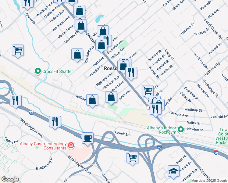 map of restaurants, bars, coffee shops, grocery stores, and more near 18 Maplewood Avenue in Albany