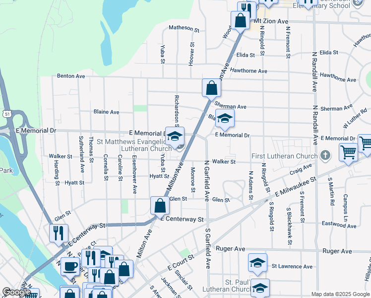 map of restaurants, bars, coffee shops, grocery stores, and more near 745 Milton Avenue in Janesville