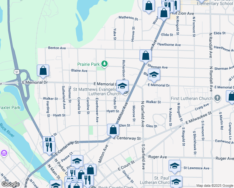map of restaurants, bars, coffee shops, grocery stores, and more near 728 Yuba Street in Janesville