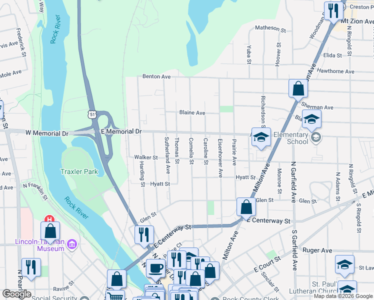 map of restaurants, bars, coffee shops, grocery stores, and more near 724 Thomas Street in Janesville