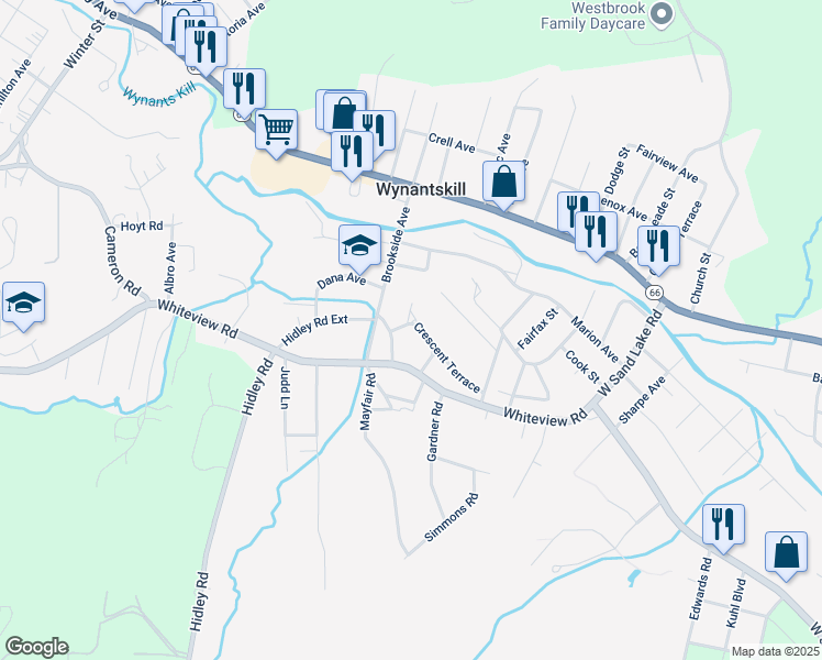 map of restaurants, bars, coffee shops, grocery stores, and more near 11 Crescent Terrace in Wynantskill