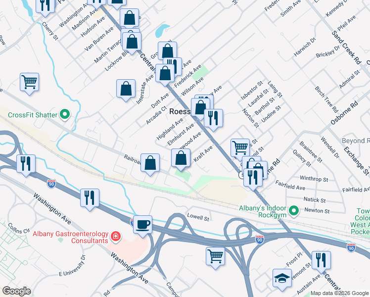 map of restaurants, bars, coffee shops, grocery stores, and more near 18 Maplewood Avenue in Albany