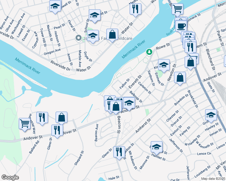 map of restaurants, bars, coffee shops, grocery stores, and more near 17 Fallon Street in Lawrence