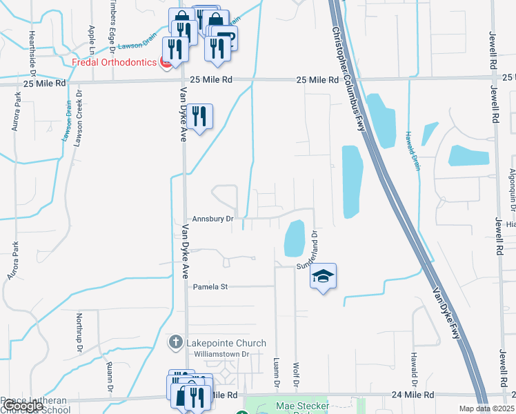 map of restaurants, bars, coffee shops, grocery stores, and more near Baypoint Drive in Macomb County
