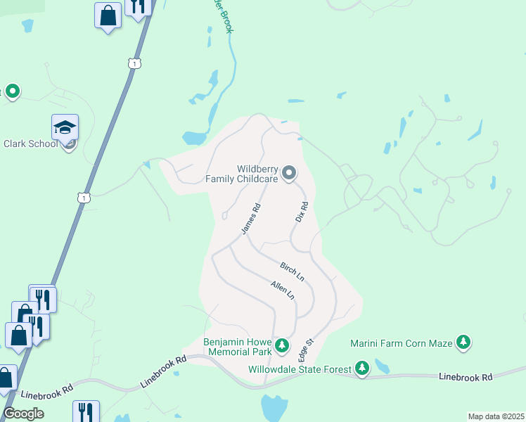 map of restaurants, bars, coffee shops, grocery stores, and more near 17 James Road in Ipswich