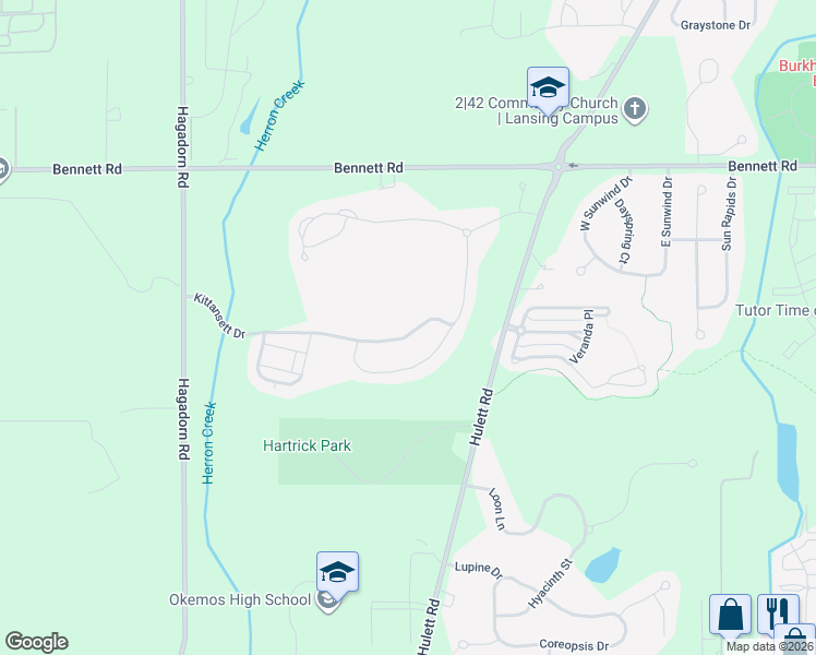 map of restaurants, bars, coffee shops, grocery stores, and more near 2726 Kittansett Drive in Lansing