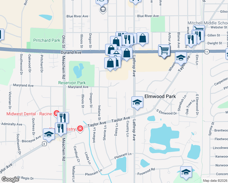 map of restaurants, bars, coffee shops, grocery stores, and more near 3303 Kentucky Street in Racine