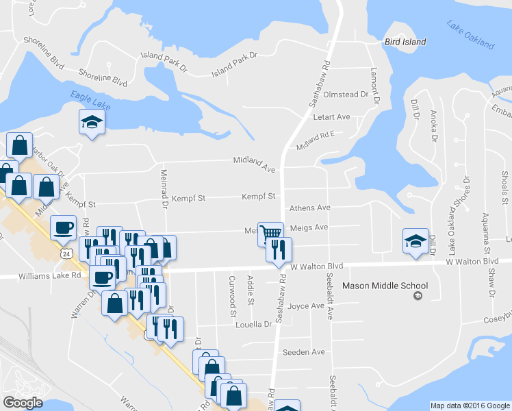 map of restaurants, bars, coffee shops, grocery stores, and more near 4393 Kempf Street in Waterford Township
