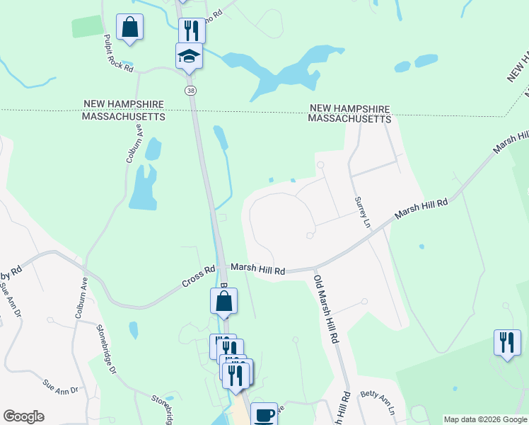 map of restaurants, bars, coffee shops, grocery stores, and more near 63 Old Pasture Road in Dracut