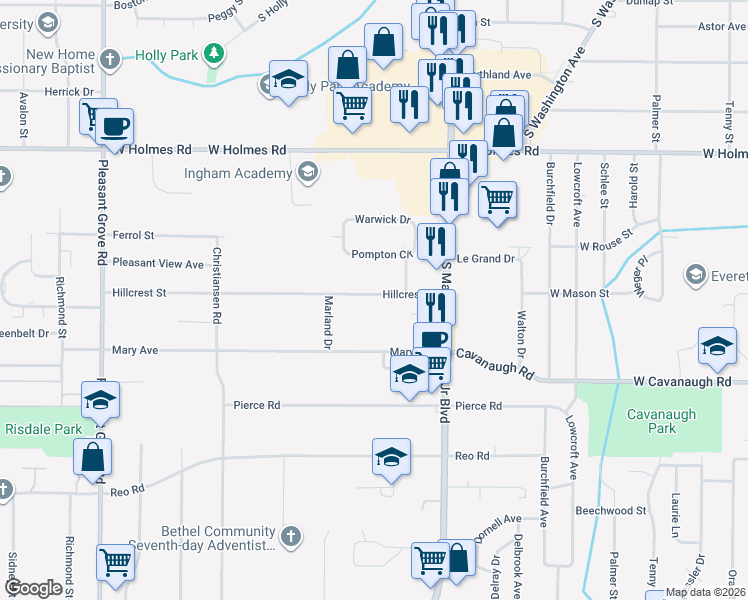 map of restaurants, bars, coffee shops, grocery stores, and more near 1228 Hillcrest Street in Lansing