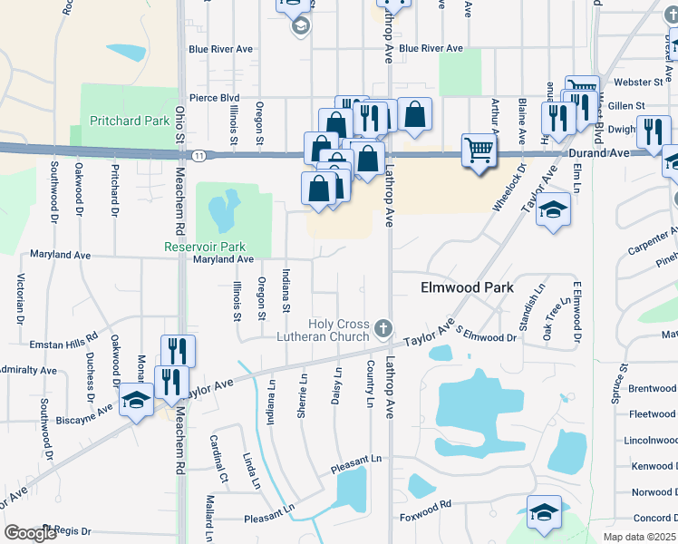 map of restaurants, bars, coffee shops, grocery stores, and more near 3301 Daisy Lane in Racine