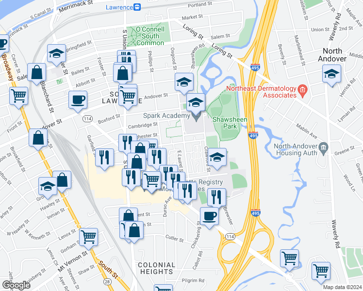 map of restaurants, bars, coffee shops, grocery stores, and more near 172 Osgood Street in Lawrence
