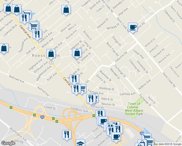 map of restaurants, bars, coffee shops, grocery stores, and more near 43 Osborne Road in Albany