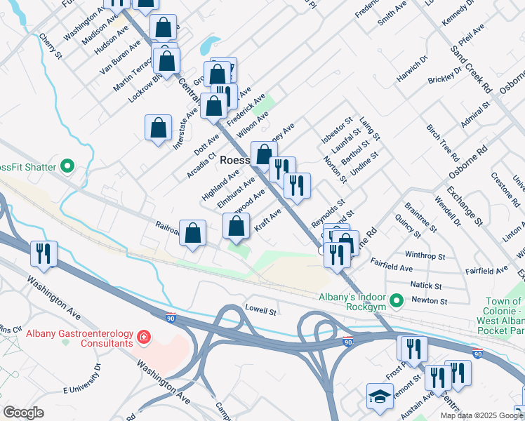 map of restaurants, bars, coffee shops, grocery stores, and more near 5 Oakland Avenue in Albany