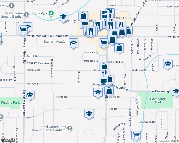 map of restaurants, bars, coffee shops, grocery stores, and more near 1228 Hillcrest Street in Lansing