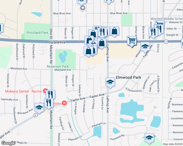 map of restaurants, bars, coffee shops, grocery stores, and more near 3303 Kentucky Street in Racine