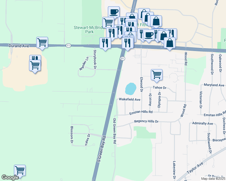 map of restaurants, bars, coffee shops, grocery stores, and more near 6212 Green Ridge Drive in Mount Pleasant