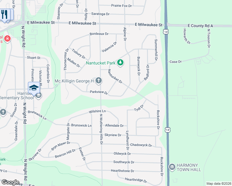map of restaurants, bars, coffee shops, grocery stores, and more near 4251 Parkview Drive in Janesville