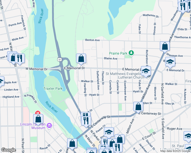 map of restaurants, bars, coffee shops, grocery stores, and more near 725 Sutherland Avenue in Janesville