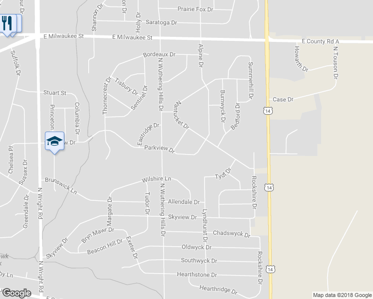 map of restaurants, bars, coffee shops, grocery stores, and more near 4251 Parkview Drive in Janesville