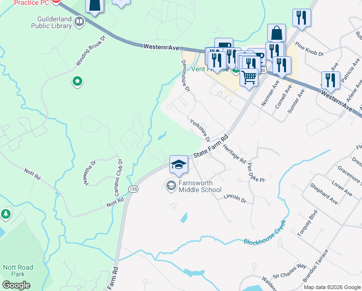 map of restaurants, bars, coffee shops, grocery stores, and more near Essex Circle in Guilderland
