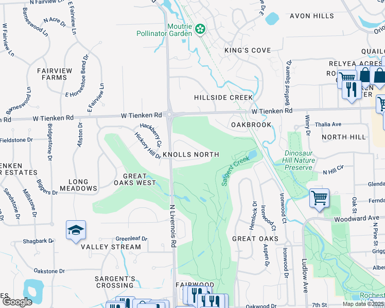 map of restaurants, bars, coffee shops, grocery stores, and more near 875 Green View Court in Rochester Hills