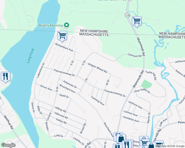 map of restaurants, bars, coffee shops, grocery stores, and more near 95 I Street in Dracut