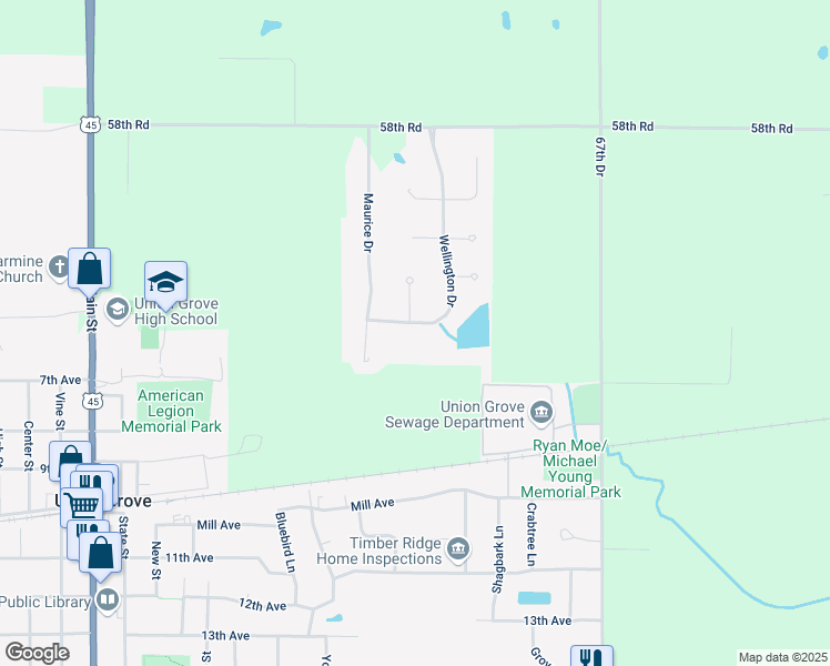 map of restaurants, bars, coffee shops, grocery stores, and more near 575 Wellington Drive in Union Grove
