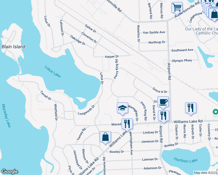 map of restaurants, bars, coffee shops, grocery stores, and more near 3873 Percy King Road in Waterford Township