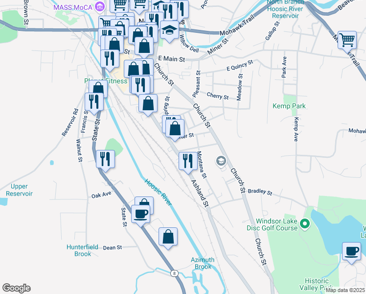 map of restaurants, bars, coffee shops, grocery stores, and more near 15 Blackinton Street in North Adams