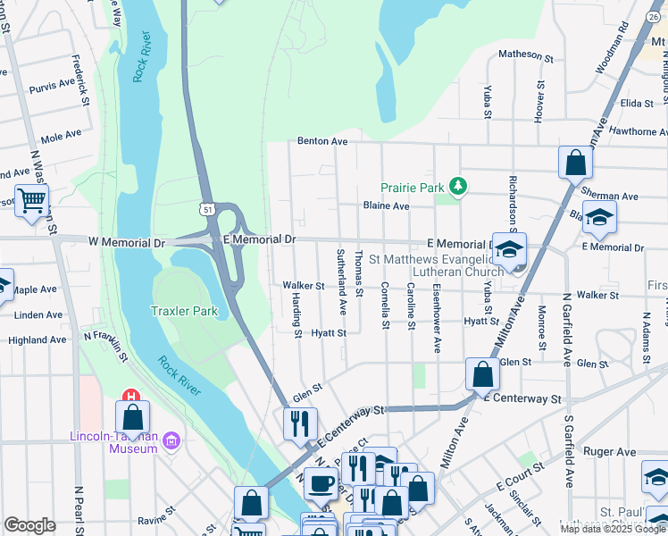 map of restaurants, bars, coffee shops, grocery stores, and more near 725 Sutherland Avenue in Janesville