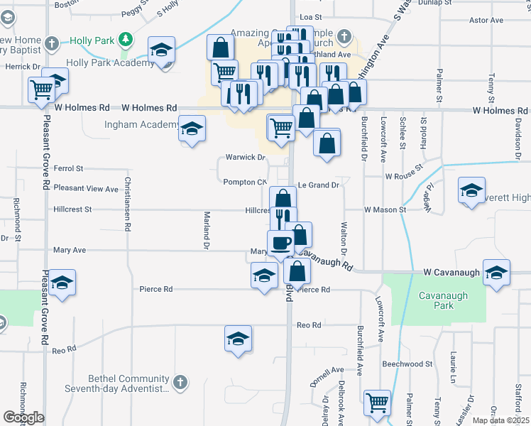 map of restaurants, bars, coffee shops, grocery stores, and more near 1125 Hillcrest Street in Lansing